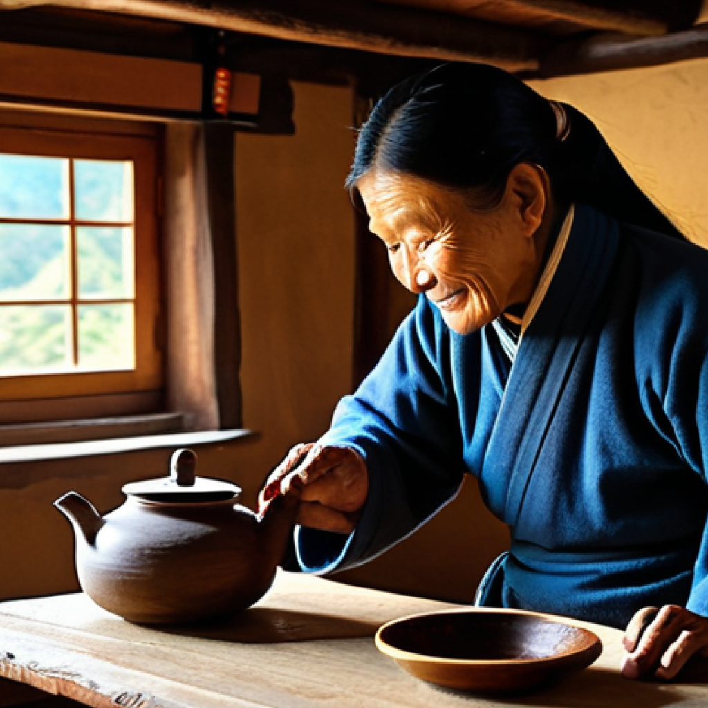 A Bhutanese elder, fully clothed in a traditional, modest Kira and Tego, gracefully pouring *suja* (Bhutanese butter tea) from a traditional teapot into a wooden cup. The scene is set inside a cozy, authentic Bhutanese farmhouse, featuring wooden beams, intricate carvings, and the soft, warm glow of a fireplace. Sunlight gently filters through a window, illuminating the space. A bamboo churn (*chandong*) is subtly visible in the background. Photorealistic, soft natural lighting, high detail, rich textures, perfect anatomy, correct proportions, natural pose, well-formed hands, proper finger count, natural body proportions, safe for work, appropriate content, fully clothed, family-friendly.
