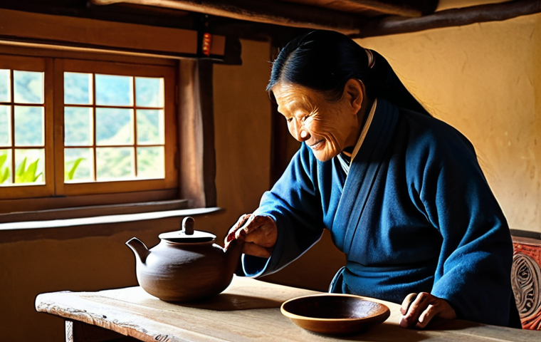 A Bhutanese elder, fully clothed in a traditional, modest Kira and Tego, gracefully pouring *suja* (Bhutanese butter tea) from a traditional teapot into a wooden cup. The scene is set inside a cozy, authentic Bhutanese farmhouse, featuring wooden beams, intricate carvings, and the soft, warm glow of a fireplace. Sunlight gently filters through a window, illuminating the space. A bamboo churn (*chandong*) is subtly visible in the background. Photorealistic, soft natural lighting, high detail, rich textures, perfect anatomy, correct proportions, natural pose, well-formed hands, proper finger count, natural body proportions, safe for work, appropriate content, fully clothed, family-friendly.