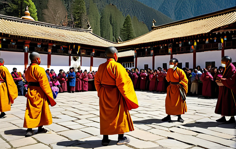 부탄 방문 전 준비물 - **Image Prompt 1: Bhutanese Tourist Scene - Spring Festival**
    "A vibrant photograph of a Tshechu...