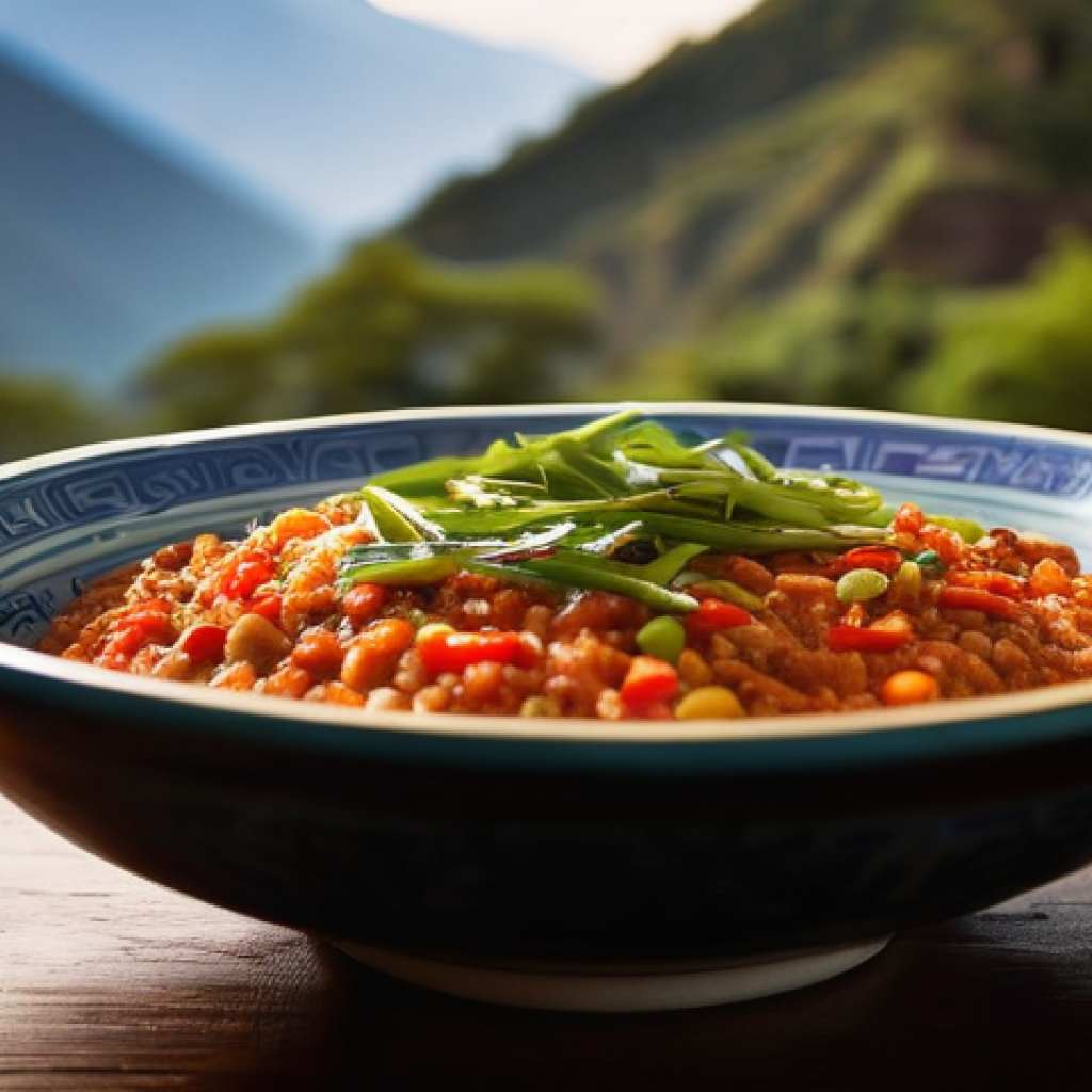 부탄 음식 문화 - **A Steaming Bowl of Ema Datshi with a Mountainous Backdrop**
    A close-up, highly detailed shot o...