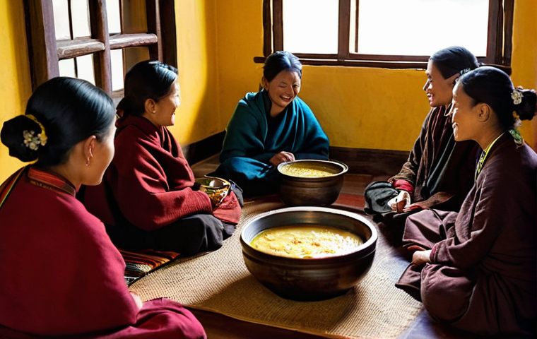 부탄 음식 문화 - **A Bustling Bhutanese Local Market Stall**
    A wide, dynamic shot capturing the lively atmosphere...