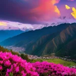 부탄 히말라야의 생태 다양성 - A breathtaking panoramic view of the Himalayan mountains in Bhutan, featuring vibrant slopes covered...