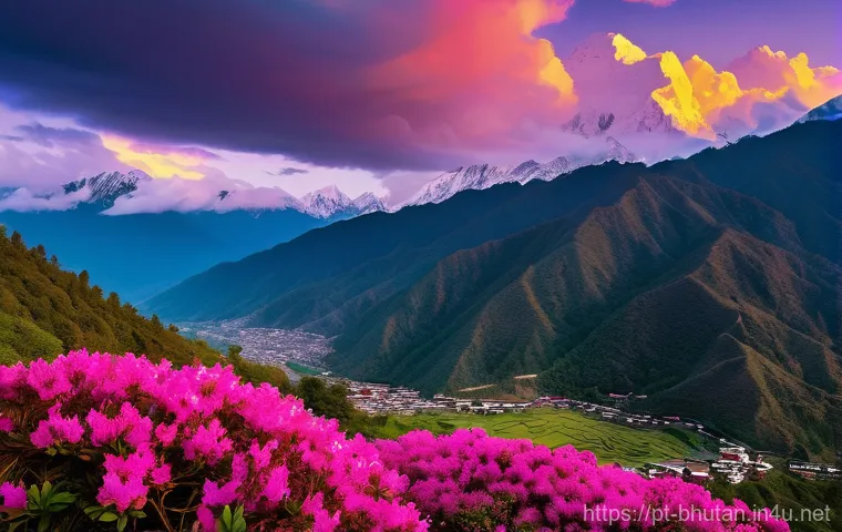 부탄 히말라야의 생태 다양성 - A breathtaking panoramic view of the Himalayan mountains in Bhutan, featuring vibrant slopes covered...