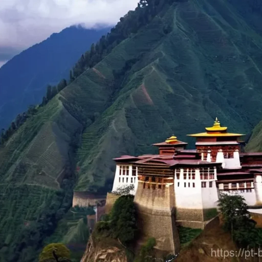 부탄의 사원 건축 양식 비교 - **A Majestic Dzong in the Himalayan Landscape**
    "A majestic Bhutanese Dzong, reminiscent of Puna...