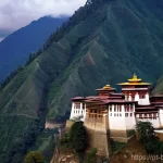 부탄의 사원 건축 양식 비교 - **A Majestic Dzong in the Himalayan Landscape**
    "A majestic Bhutanese Dzong, reminiscent of Puna...