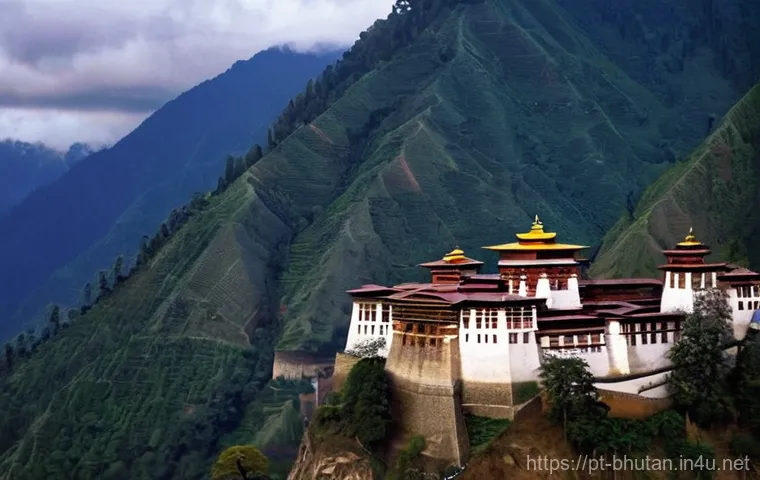 부탄의 사원 건축 양식 비교 - **A Majestic Dzong in the Himalayan Landscape**
    "A majestic Bhutanese Dzong, reminiscent of Puna...