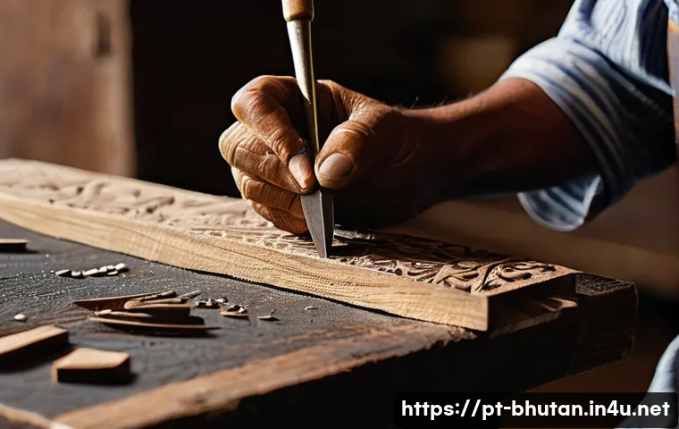 부탄의 전통 목판화 예술 - **Prompt 1: The Meditative Artisan's Hands**
"A close-up, highly detailed shot of a Bhutanese ar...