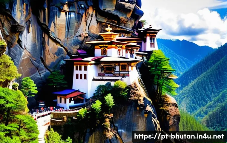 부탄에서 힐링 여행 계획 - A breathtaking view of the Paro Taktsang (Tiger's Nest) monastery perched dramatically on a steep cl...