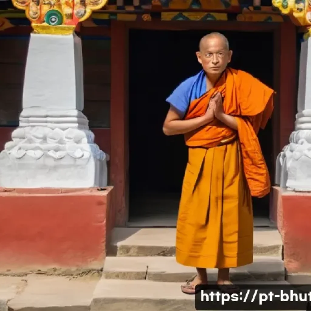부탄에서 사찰 예절 - A respectful visitor dressed modestly in simple, neutral-colored clothing covering shoulders, arms, ...
