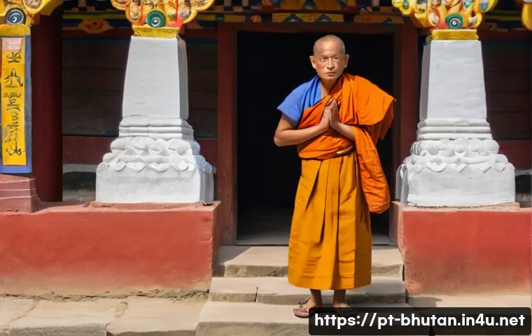 부탄에서 사찰 예절 - A respectful visitor dressed modestly in simple, neutral-colored clothing covering shoulders, arms, ...