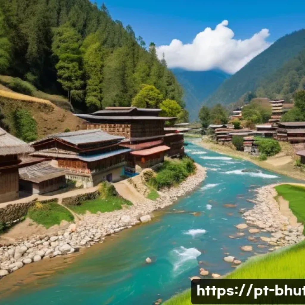 부탄 국민의 삶과 철학 - A serene Bhutanese village scene showcasing traditional houses built with natural materials like woo...