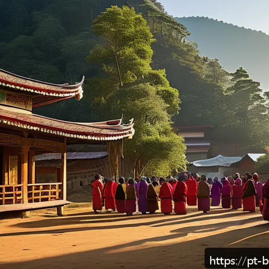 부탄 주요 관광지 - A vibrant Bhutanese village scene at dawn, with local people dressed in traditional attire—men weari...