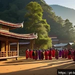 부탄 주요 관광지 - A vibrant Bhutanese village scene at dawn, with local people dressed in traditional attire—men weari...
