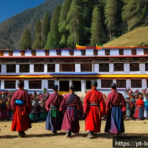 부탄 경제와 주요 산업 - A vibrant Bhutanese cultural festival scene set in a lush mountain valley during daytime, featuring ...