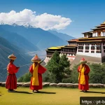 부탄 주요 종교 행사 - A vibrant scene from the Paro Tshechu festival in Bhutan featuring dancers wearing elaborately decor...