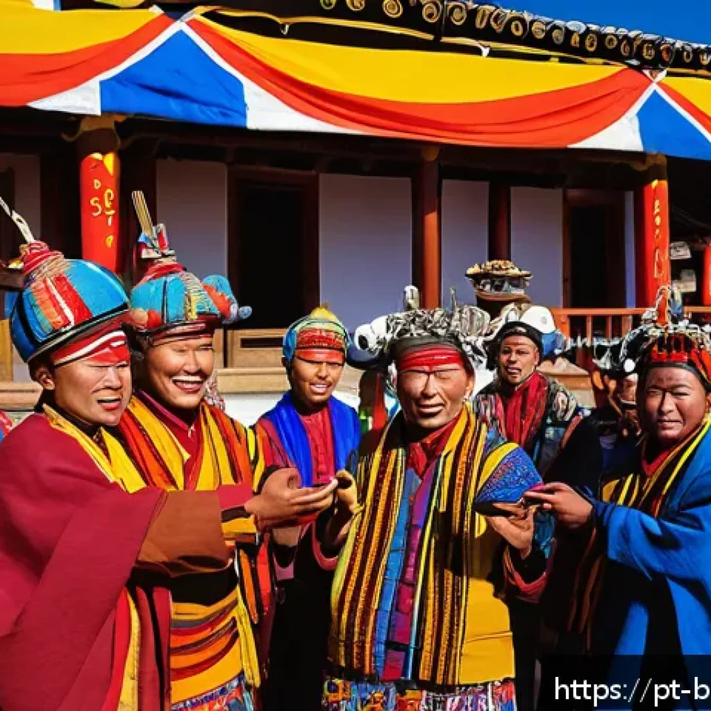 부탄과 서양의 문화적 접촉 역사 - A vibrant Bhutanese village scene during a traditional tshechu festival, showcasing groups of people...
