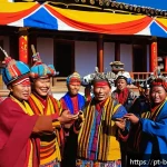 부탄과 서양의 문화적 접촉 역사 - A vibrant Bhutanese village scene during a traditional tshechu festival, showcasing groups of people...