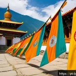 부탄의 독특한 국기와 상징 - A vibrant and detailed illustration of the Bhutanese national flag prominently displayed in a tradit...