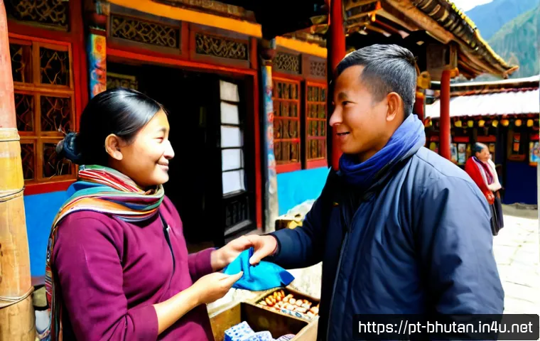 Home 17 부탄 국민과 여행객의 상호 작용 - Photorealistic travel scene in Bhutan, a friendly Bhutanese shopkeeper in traditional gho warmly hel...